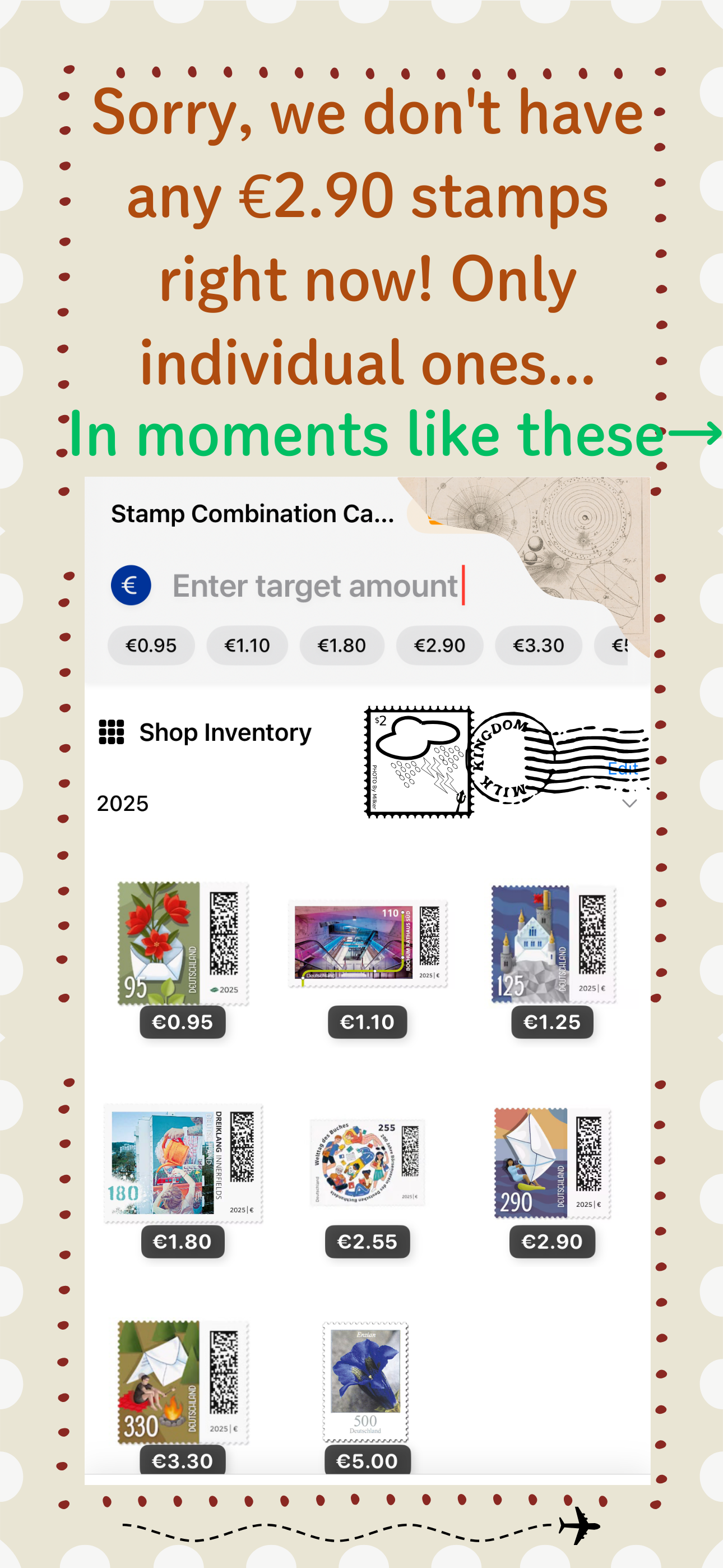 StampCal main calculator interface showing stamp selection